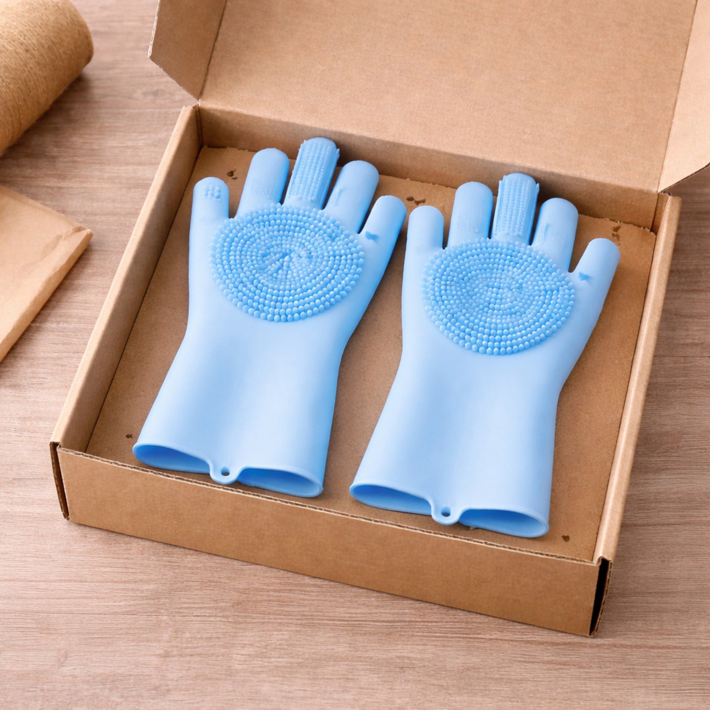 Reusable hand gloves set in packaging box for kitchen and household cleaning