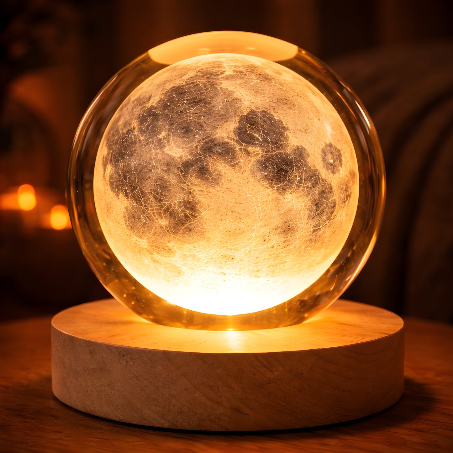 Moon lamp on a wooden base with a warm glow
