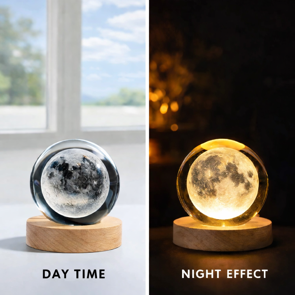 Moon lamp showing day and night effects on a wooden base.