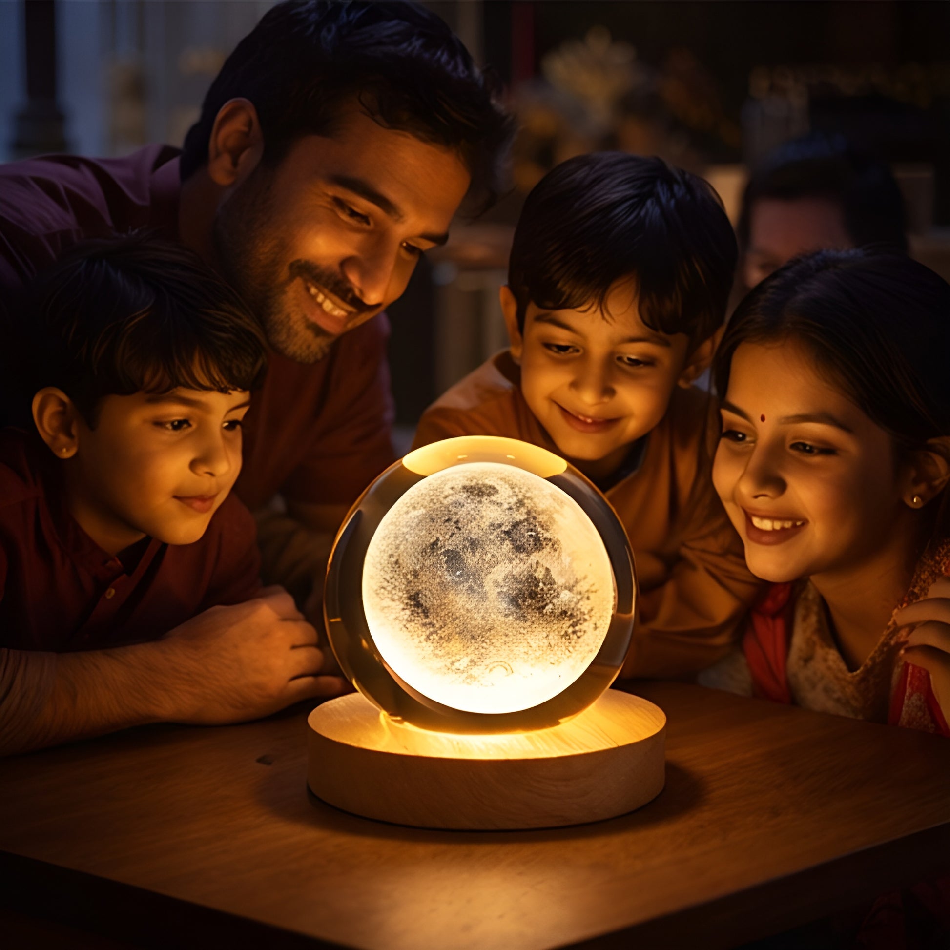 Family of four gathered around a moon lamp in a cozy indoor setting