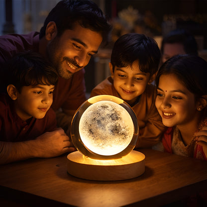 Family of four gathered around a moon lamp in a cozy indoor setting