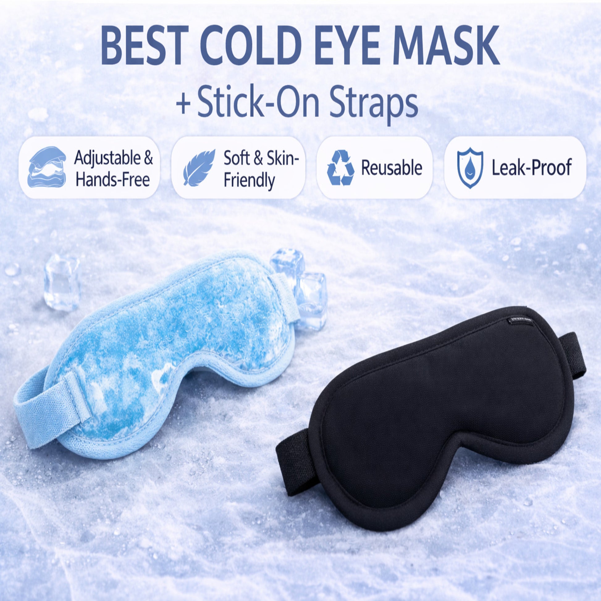 Reusable cold eye mask with stick-on adjustable straps and storage bag for puffiness relief and relaxation