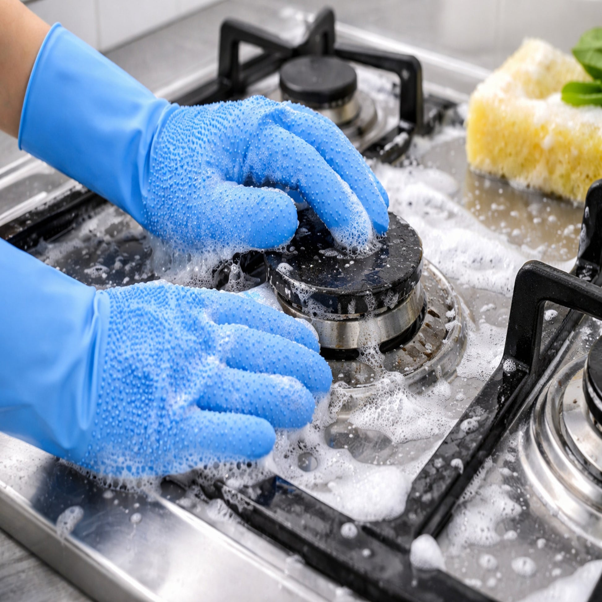 Person cleaning a stove with blue gloves and a sponge.