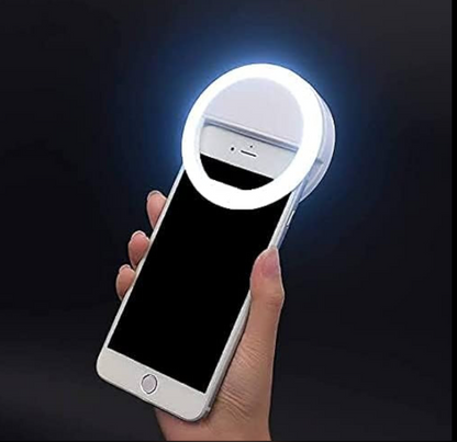 LED phone selfie ring light used in low light for brighter selfies and videos
