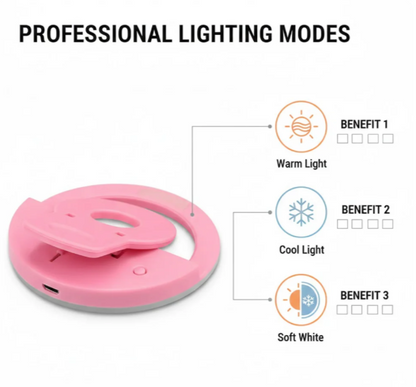 Portable clip-on selfie ring light with professional LED lighting modes for photos and videos