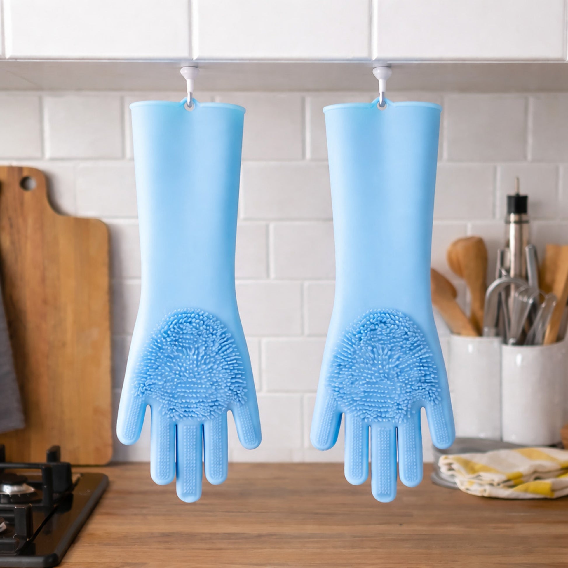 Reusable hand gloves with hanging hook design for quick drying