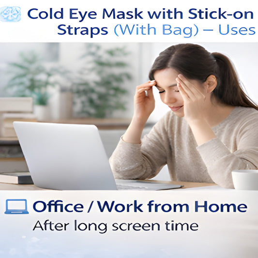Reusable cold eye mask with adjustable stick-on straps for secure hands-free comfort