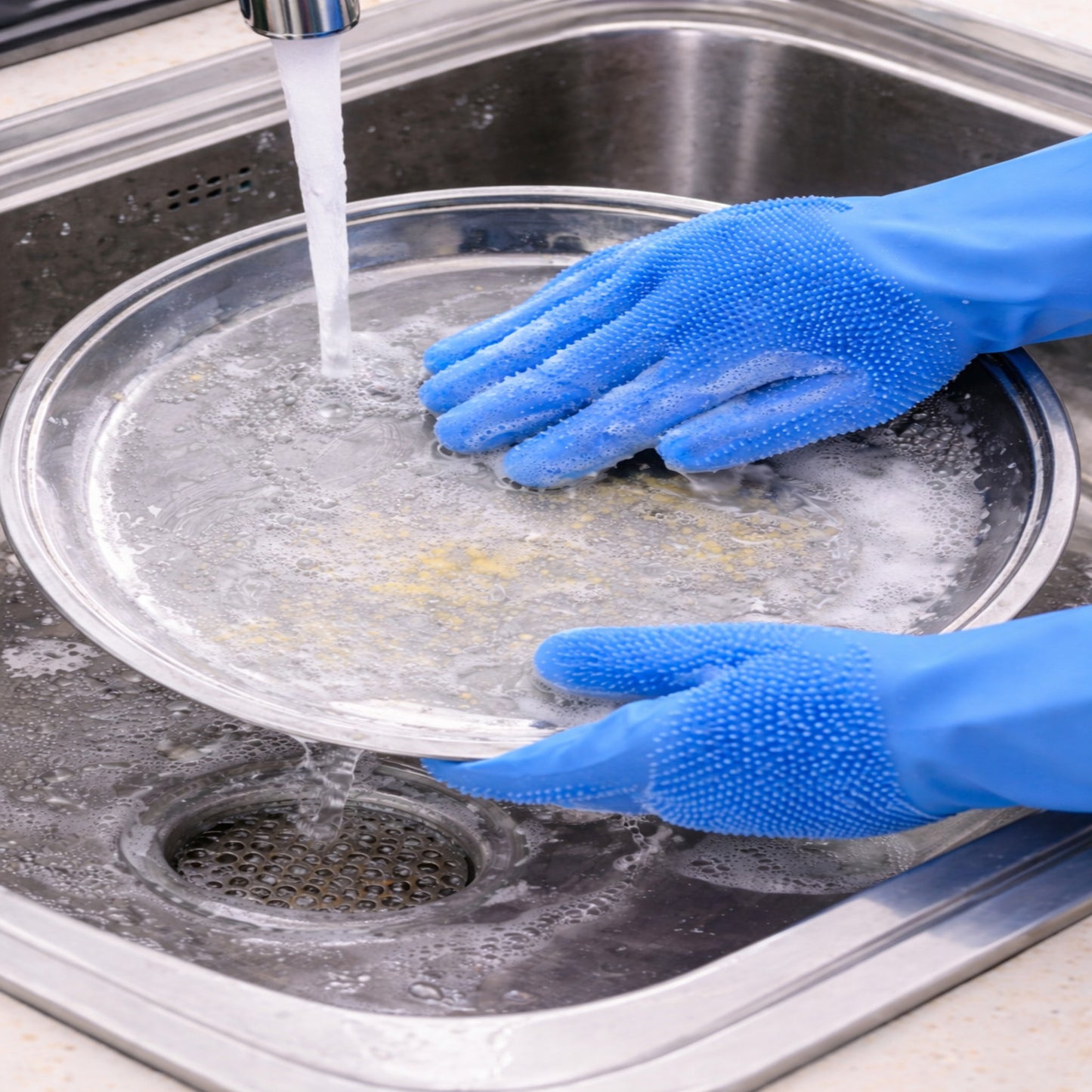 Reusable hand gloves used for washing dishes and scrubbing sink surfaces
