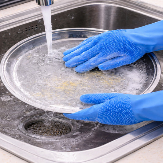Reusable hand gloves used for washing dishes and scrubbing sink surfaces