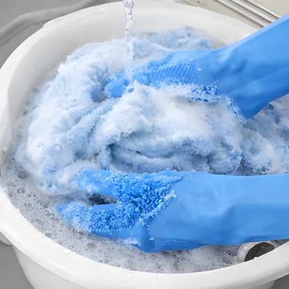 Reusable hand gloves with built-in scrubbers creating rich foam for laundry and deep cleaning
