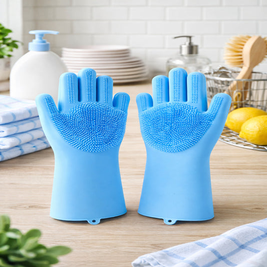 Reusable hand gloves with built-in silicone scrubbers for dishwashing and kitchen cleaning