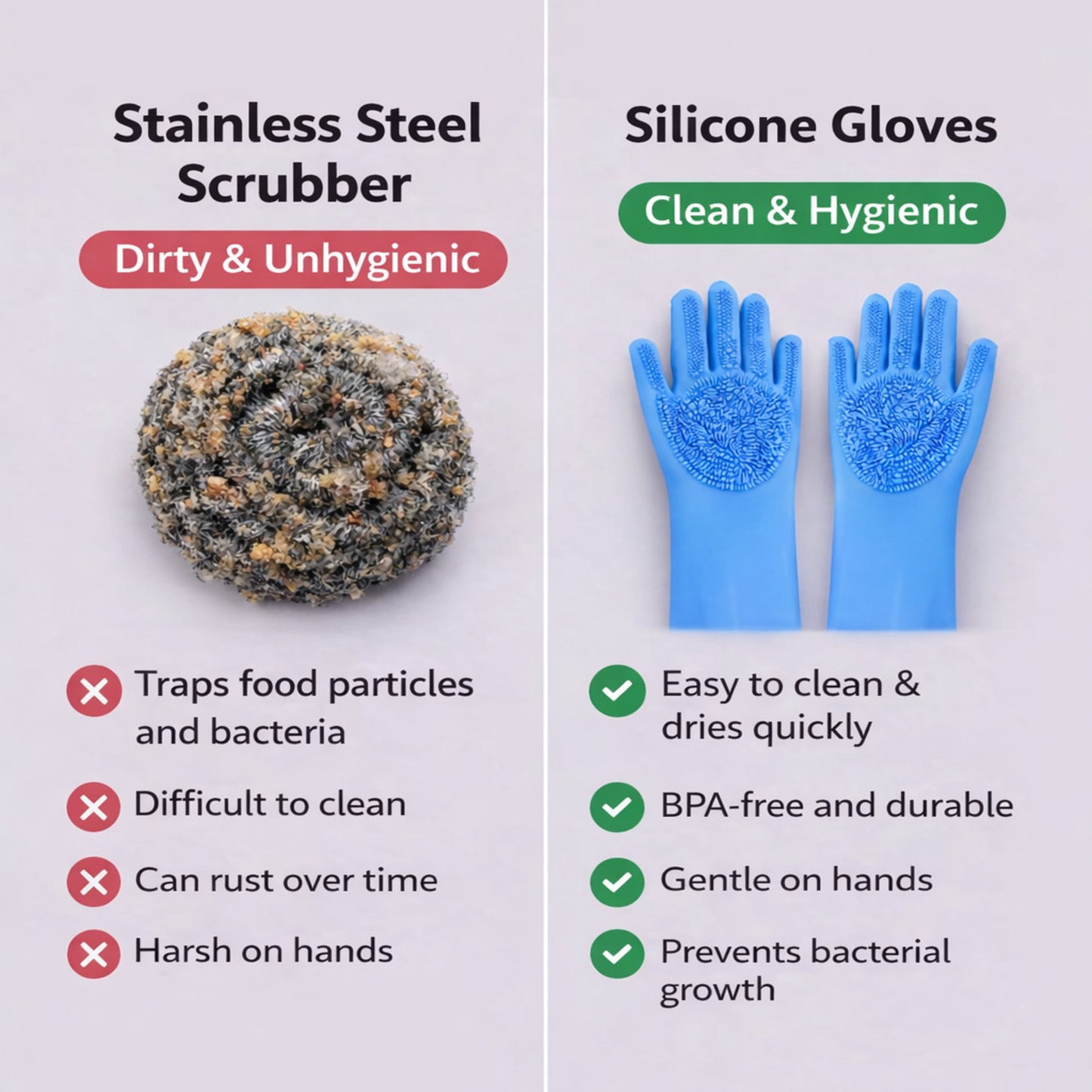 Reusable hand gloves compared to stainless steel scrubber showing hygienic and durable silicone cleaning benefits