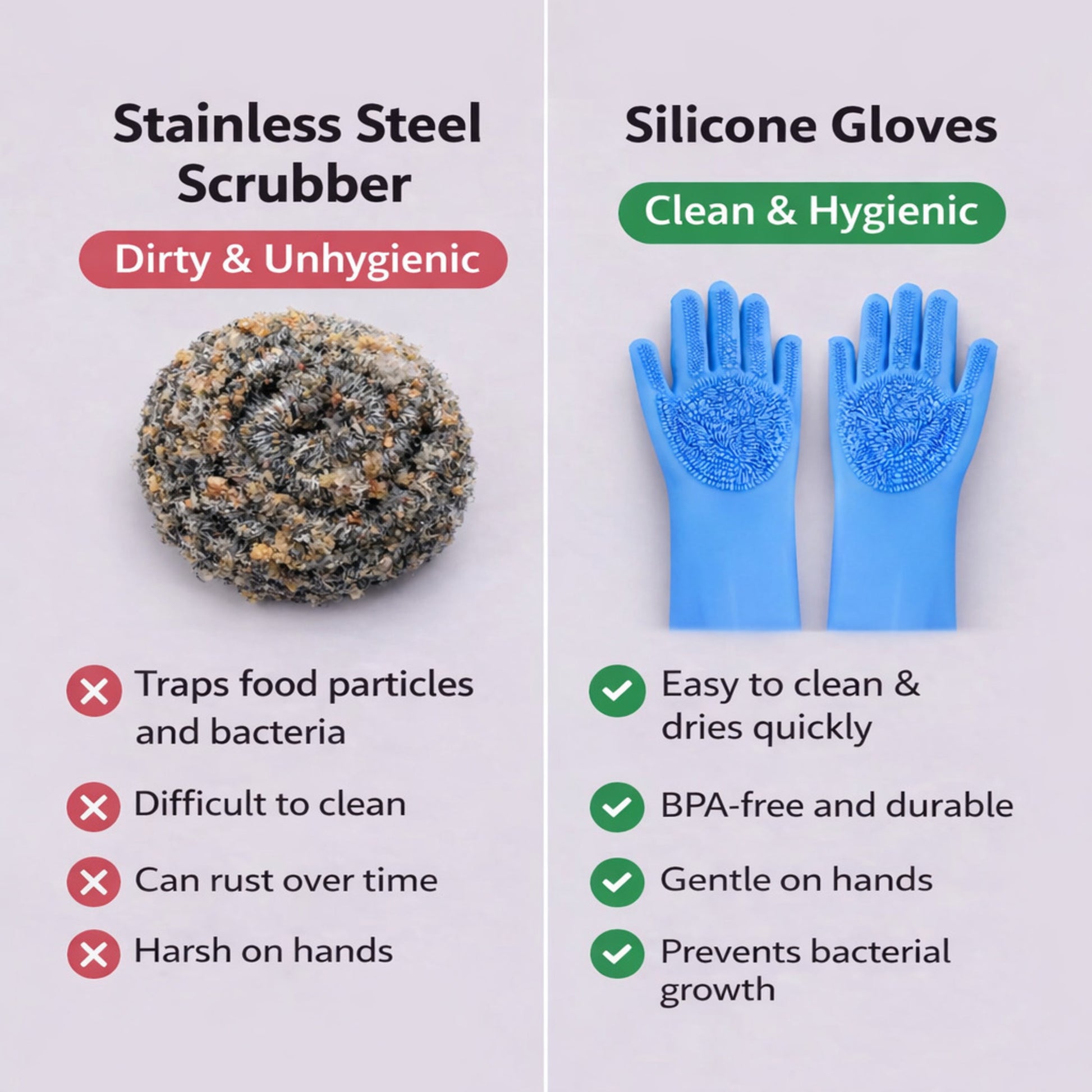 Reusable hand gloves compared to stainless steel scrubber showing hygienic and durable silicone cleaning benefits