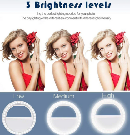 Phone selfie ring light showing multiple adjustable brightness levels for perfect lighting