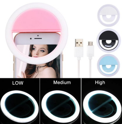 Selfie ring light showing low, medium, and high brightness lighting modes