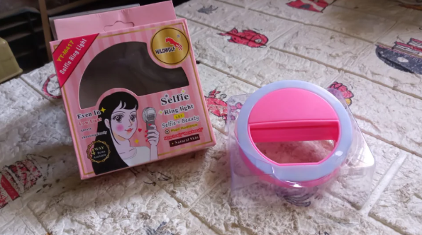 Selfie ring light product box packaging with mini LED clip-on light