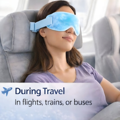 Portable cold eye mask with secure stick-on straps for travel and flight relaxation